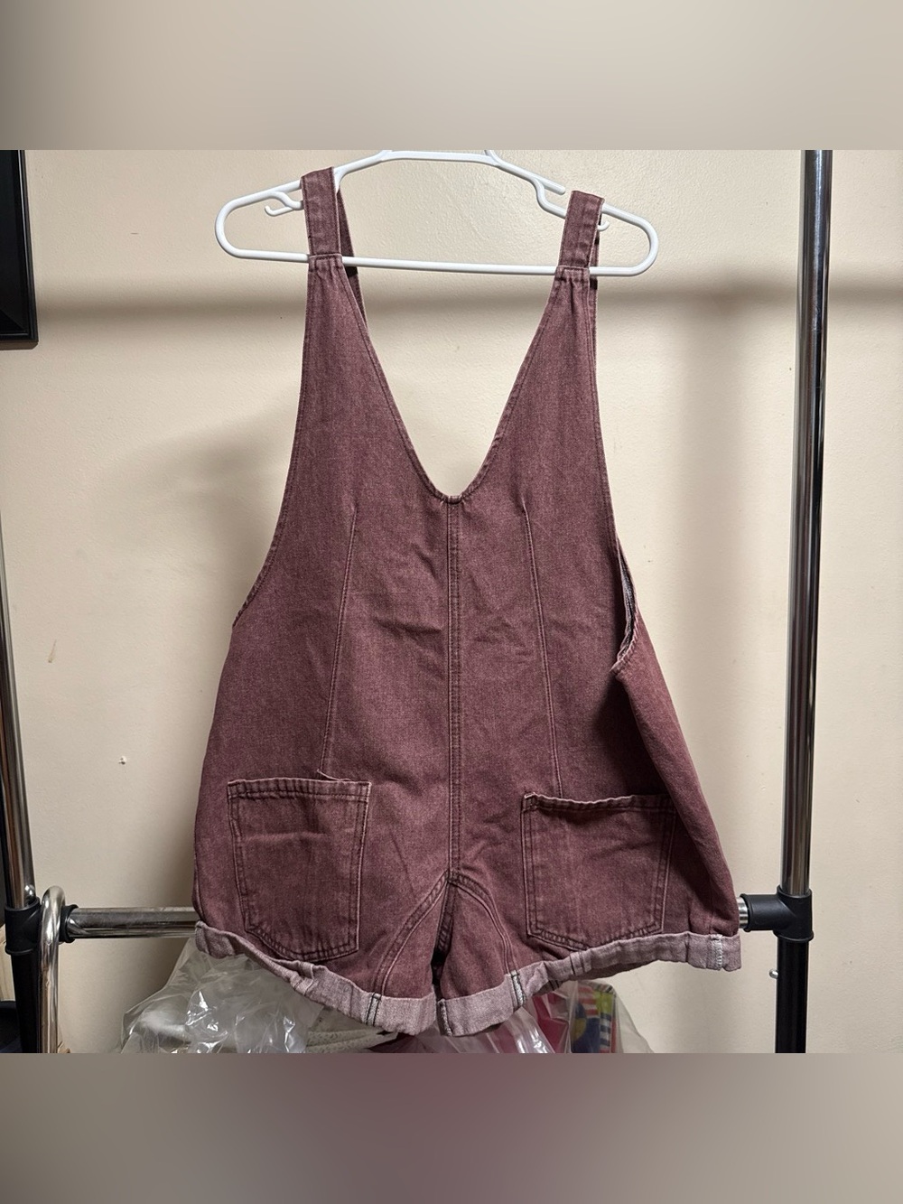 Womens Large Mauve Denim Overall Romper with Pockets